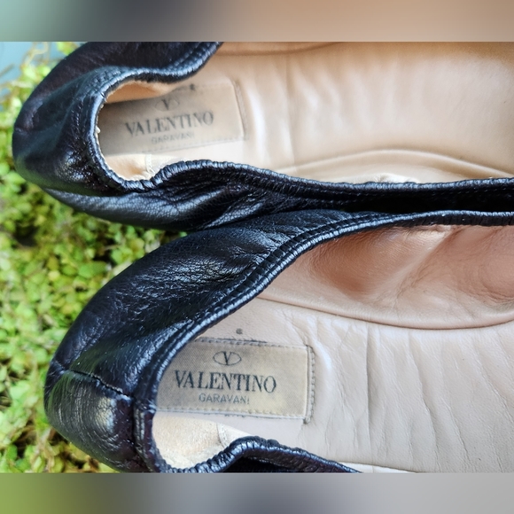 VALENTINO Black Luxe Leather Ornate Silver Studs Rosette Toes Ballet Flats Shoes - Picture 11 of 15